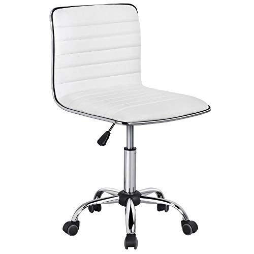 Yaheetech Adjustable Office Chair Armless Desk Chair Faux Leather Swivel Computer Chair Low Back with Wheels and Height Adjustable for Home Work Study White