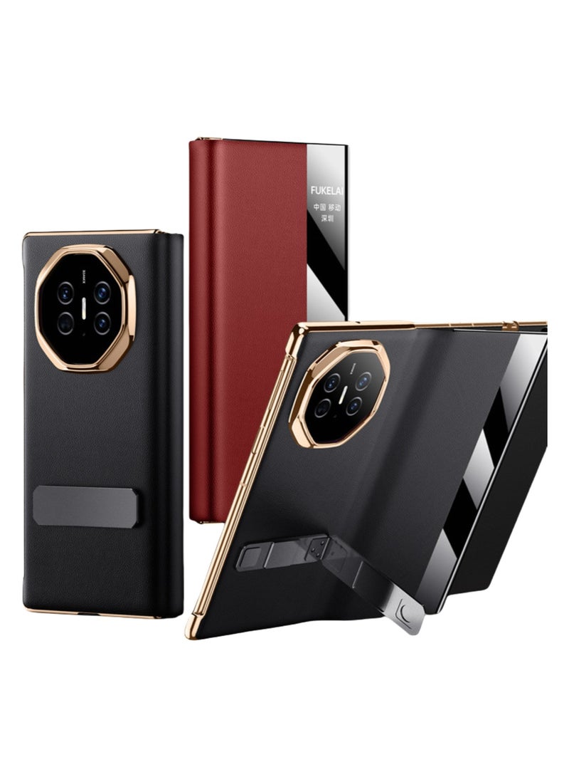 اووكاي جراب جلدي متوافق مع هاتف هواوي ميت إكس تي، مزود بحامل دوار، مقاوم للزلازل والسقوط، مع نافذة ذكية، غطاء ثلاثي الطي، مطلي بالكهرباء، مع خاصية الإيقاظ/السكون التلقائي، لهاتف هواوي ميت إكس تي (أسود). - Image 1