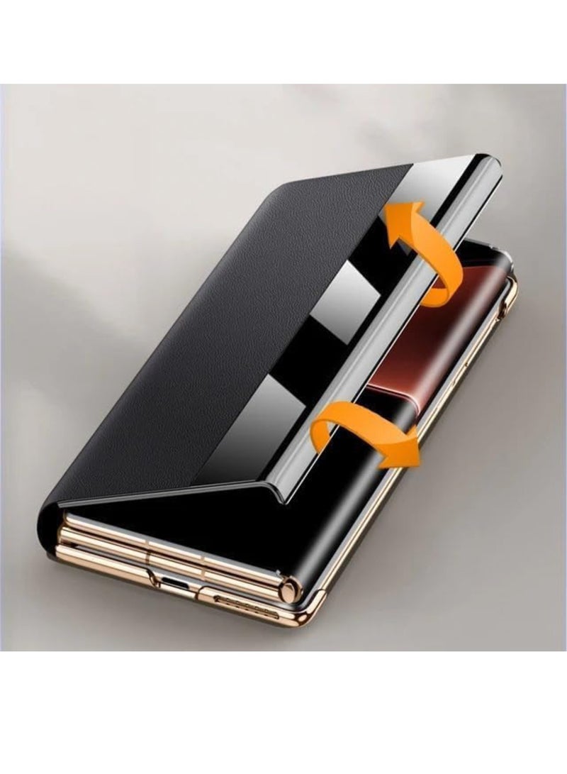 اووكاي جراب جلدي متوافق مع هاتف هواوي ميت إكس تي، مزود بحامل دوار، مقاوم للزلازل والسقوط، مع نافذة ذكية، غطاء ثلاثي الطي، مطلي بالكهرباء، مع خاصية الإيقاظ/السكون التلقائي، لهاتف هواوي ميت إكس تي (أسود). - Image 2