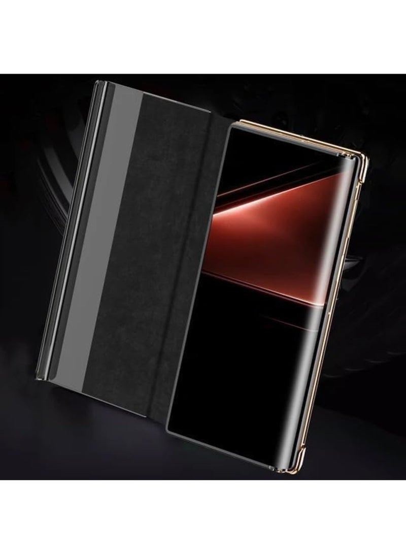 اووكاي جراب جلدي متوافق مع هاتف هواوي ميت إكس تي، مزود بحامل دوار، مقاوم للزلازل والسقوط، مع نافذة ذكية، غطاء ثلاثي الطي، مطلي بالكهرباء، مع خاصية الإيقاظ/السكون التلقائي، لهاتف هواوي ميت إكس تي (أسود). - Image 3