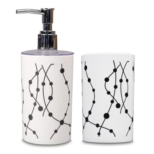 SHENRON Toothbrush Holder and Handwash Liquid Dispenser for Wash Basin, Bathroom and Sink, Bathroom Accessories Set for Utility and Bathroom Décor with Dot Design (White) - Image 1