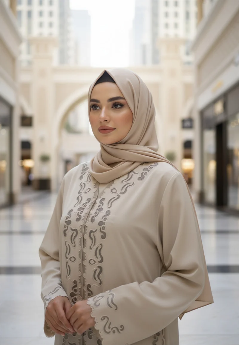 NUKHBAA Minimalist Beige Abaya with Flowing Line Embroidery | Premium Nida Fabric-801