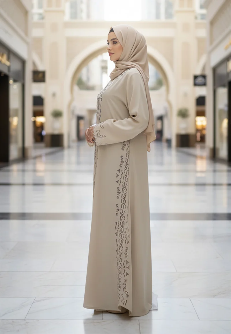 NUKHBAA  Minimalist Beige Abaya with Flowing Line Embroidery | Premium Nida Fabric-801 for Women | Best Price UAE