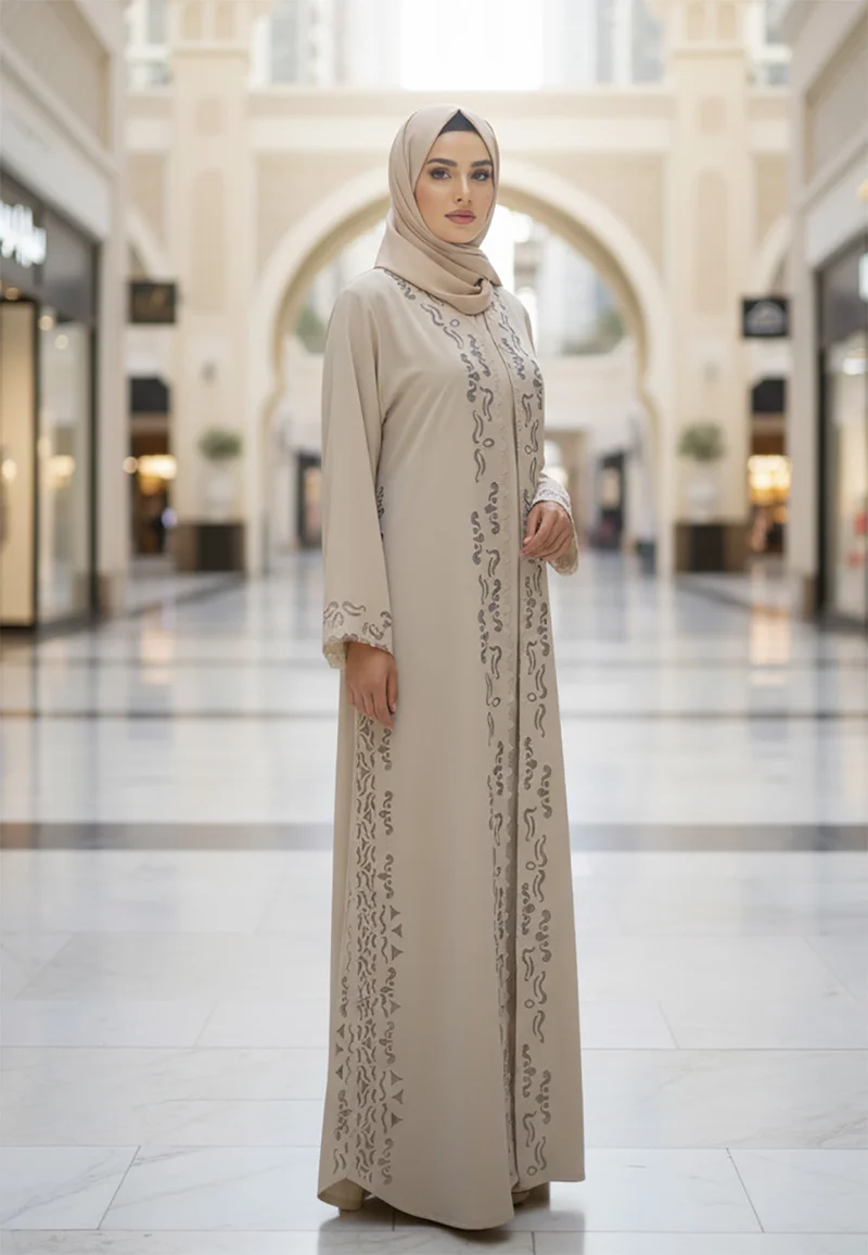 NUKHBAA Minimalist Beige Abaya with Flowing Line Embroidery | Premium Nida Fabric-801