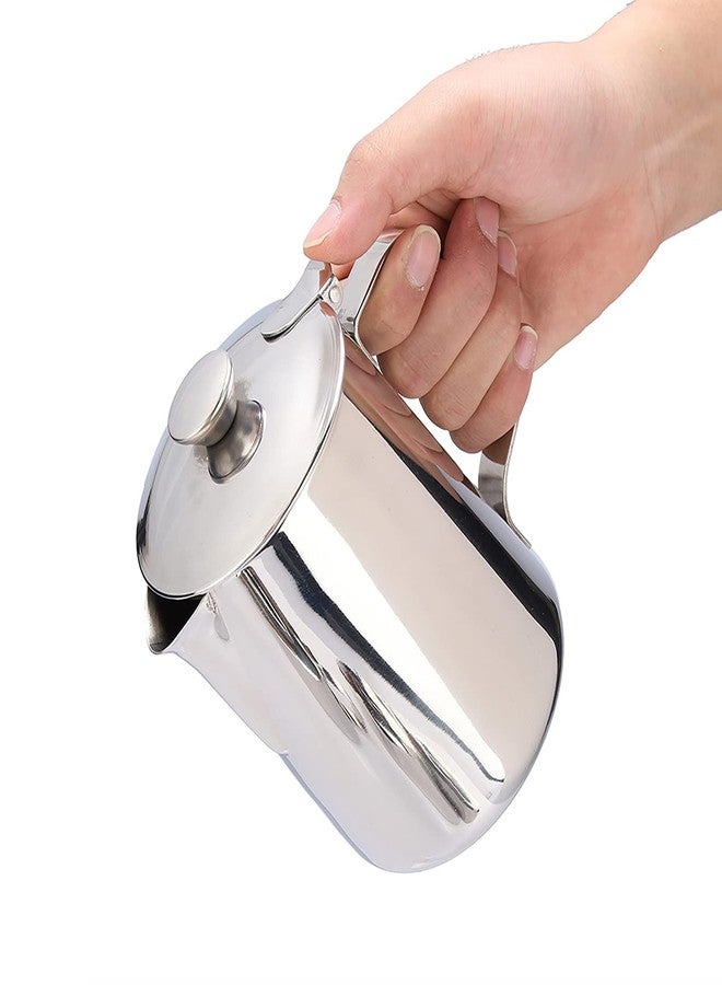 AYNEFY Coffee Frothing Pitcher with Lid, Stainless Steel Milk Frother Cup, Mutifunctional Milk Jug Cup, Coffee Steaming Pitcher with Handle for Latte Art and Frothing Milk(350ml) - Image 1