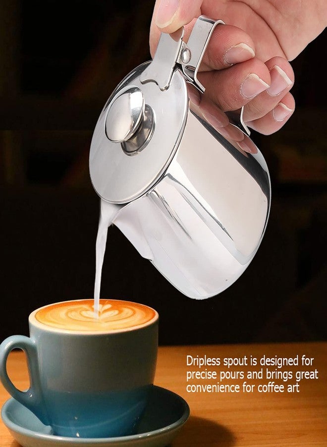 AYNEFY Coffee Frothing Pitcher with Lid, Stainless Steel Milk Frother Cup, Mutifunctional Milk Jug Cup, Coffee Steaming Pitcher with Handle for Latte Art and Frothing Milk(350ml) - Image 4