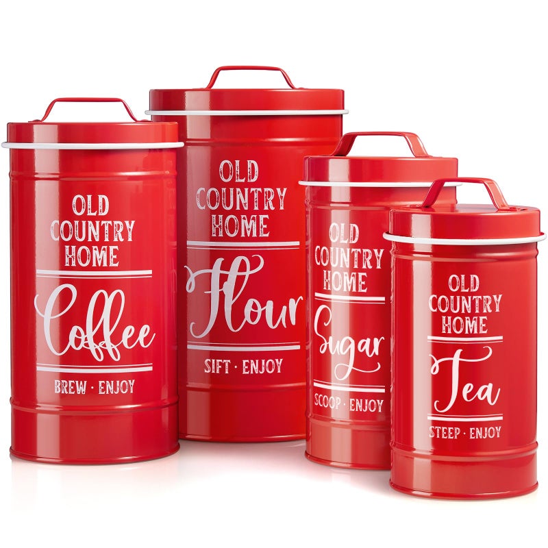 DAYYET Red Canisters for Kitchen Counter Airtight Kitchen Canisters for Countertop Flour and Sugar Containers Tea Coffee Sugar Canister Set Red Kitchen Decor and Accessories Set of 4