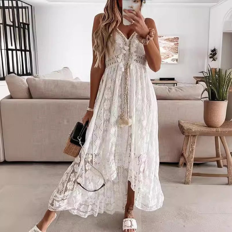 2026 Summer Lace Spaghetti Strap A-Line Maxi Dress - Image 1