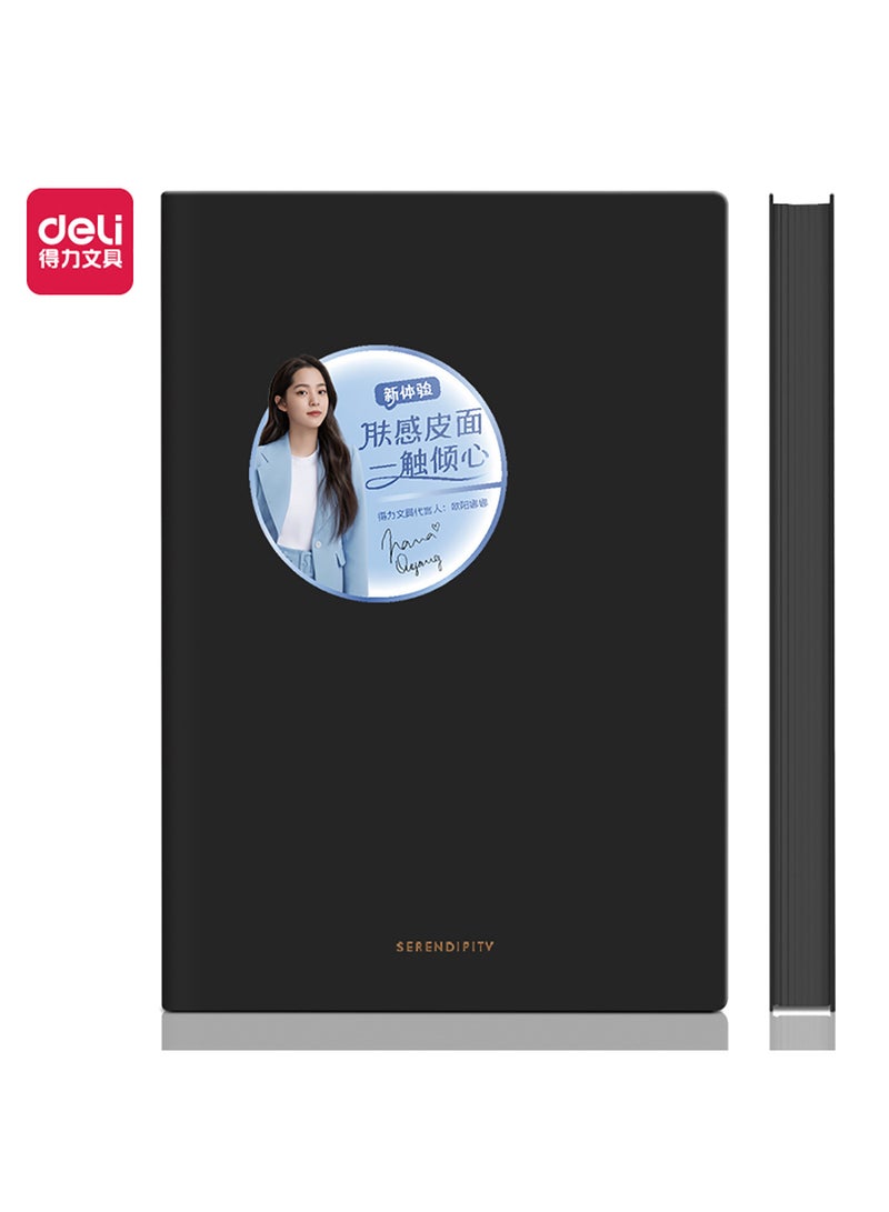 Deli A5 Leather Cover Notebook A5 (96 Sheets), Lined Notebook, Note-Taking, Diary, Study, Black - Image 1