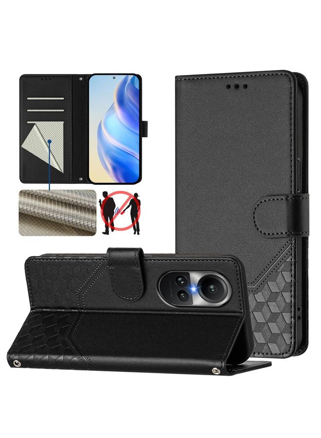 For OPPO Reno10 / Reno10 Pro Global Honeycomb Embossing RFID Leather Phone Case(Black)
