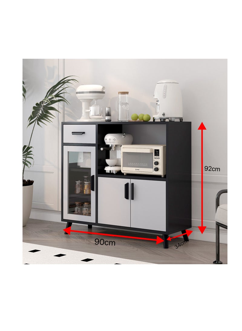  CityRiya-Long مجلس الوزراء الجانبي ، مجلس الوزراء بوفيه ، مجلس الوزراء الحافة ، خزانة تخزين المطبخ متعددة الوظائف وخزانة بار القهوة ، خزانة خشبية مع 1 درج ، 3 أبواب ورفوف مفتوحة لغرفة المعيشة ، غرفة الطعام ، زاوية المطبخ والقهوة (ZWG014) - Image 2