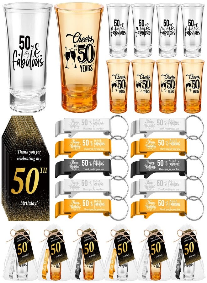 Domensi 50 Sets 50th Birthday Party Favors for Guests Bulk Include Cheers to 50 Short Glasses Beer Bottle Opener Keychains Thank You Cards with Gift Bags and Ropes for Birthday Party Gifts - Image 1