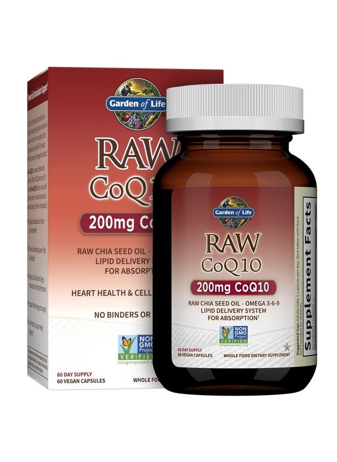 جاردن أوف لايف - Garden of Life CoQ10 200mg، مكمل غذائي نباتي يحتوي على أوميجا 3 6 9، زيت بذور الشيا الخام CoQ 10، تغذية كاملة مع دعم مضاد للأكسدة، مكمل إنزيم Q10 لصحة القلب، 60 كبسولة - Image 1