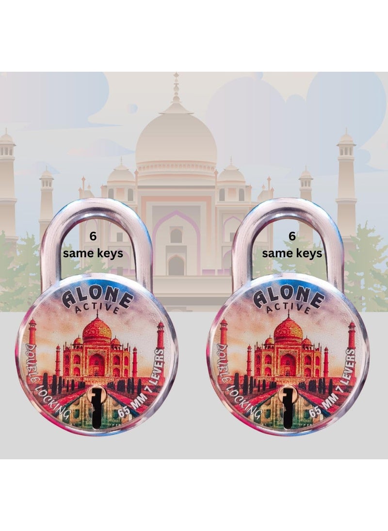 ONEPRO Taj Mahal 65mm 2 Padlocks with 6 Same Keys Double Locking 8 Levers Lock and Keys for Home Door Shutter Shop Main Gate Sutter Laser Print Finish Rust Proof Pack of 1  - Image 1