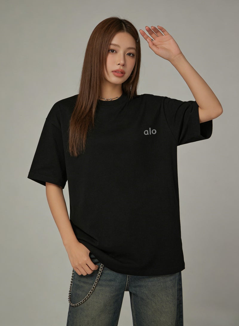 Alo World Store Alo unisex black oversized short sleeved T-shirt - Soft cotton round neck T-shirt with minimalist logo, suitable for casual and home wear, cotton up to 300 grams - Image 3
