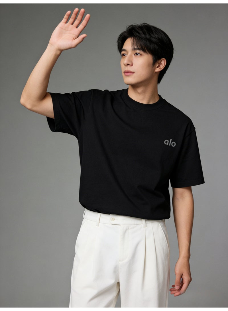 Alo World Store Alo unisex black oversized short sleeved T-shirt - Soft cotton round neck T-shirt with minimalist logo, suitable for casual and home wear, cotton up to 300 grams - Image 5