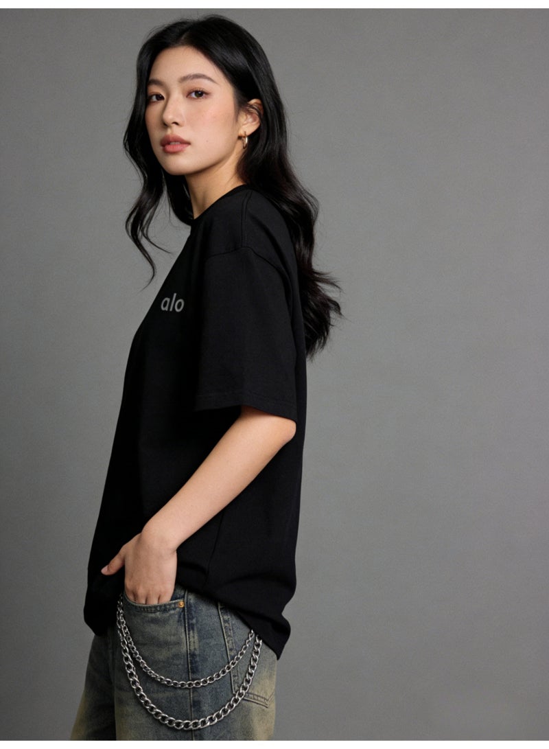 Alo World Store Alo unisex black oversized short sleeved T-shirt - Soft cotton round neck T-shirt with minimalist logo, suitable for casual and home wear, cotton up to 300 grams - Image 4