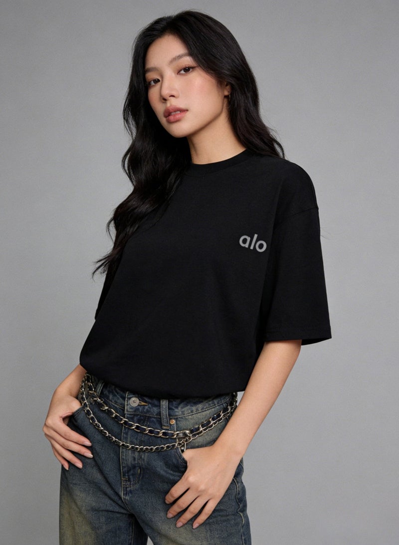 Alo World Store Alo unisex black oversized short sleeved T-shirt - Soft cotton round neck T-shirt with minimalist logo, suitable for casual and home wear, cotton up to 300 grams - Image 1