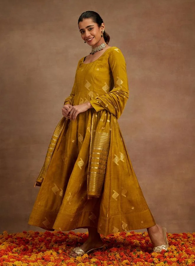 Libas Mustard Self Design Silk Blend Anarkali Kurta With Palazzo And Dupatta Set