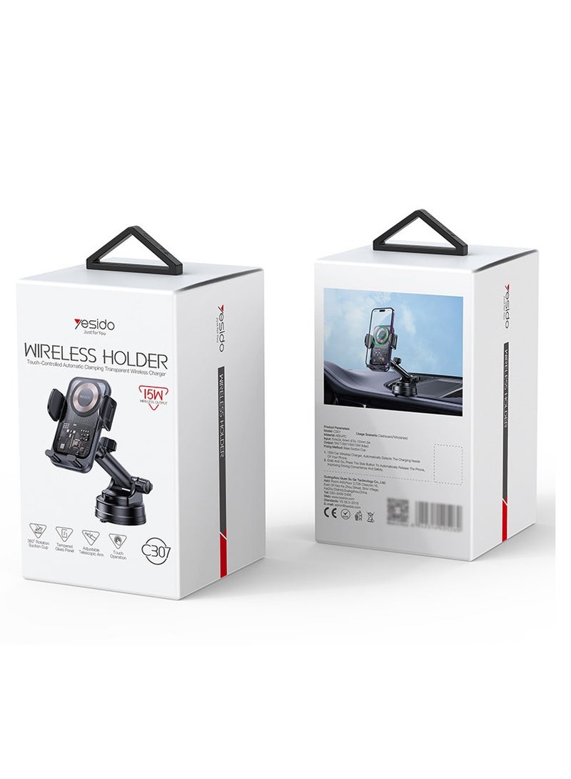 Yesido C307 360 Rotation Electric Locking 15W Wireless Fast Charging Transparent Car Phone Holder - Image 2