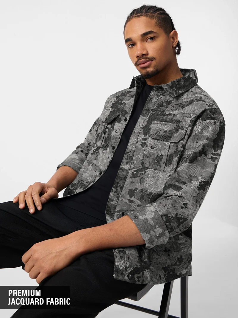 The Souled Store The Souled Store: Dark Mirage Men and Boys Long Sleeve Spread Collar Grey Abstract Print Cotton Blend Relaxed Fit Shirt