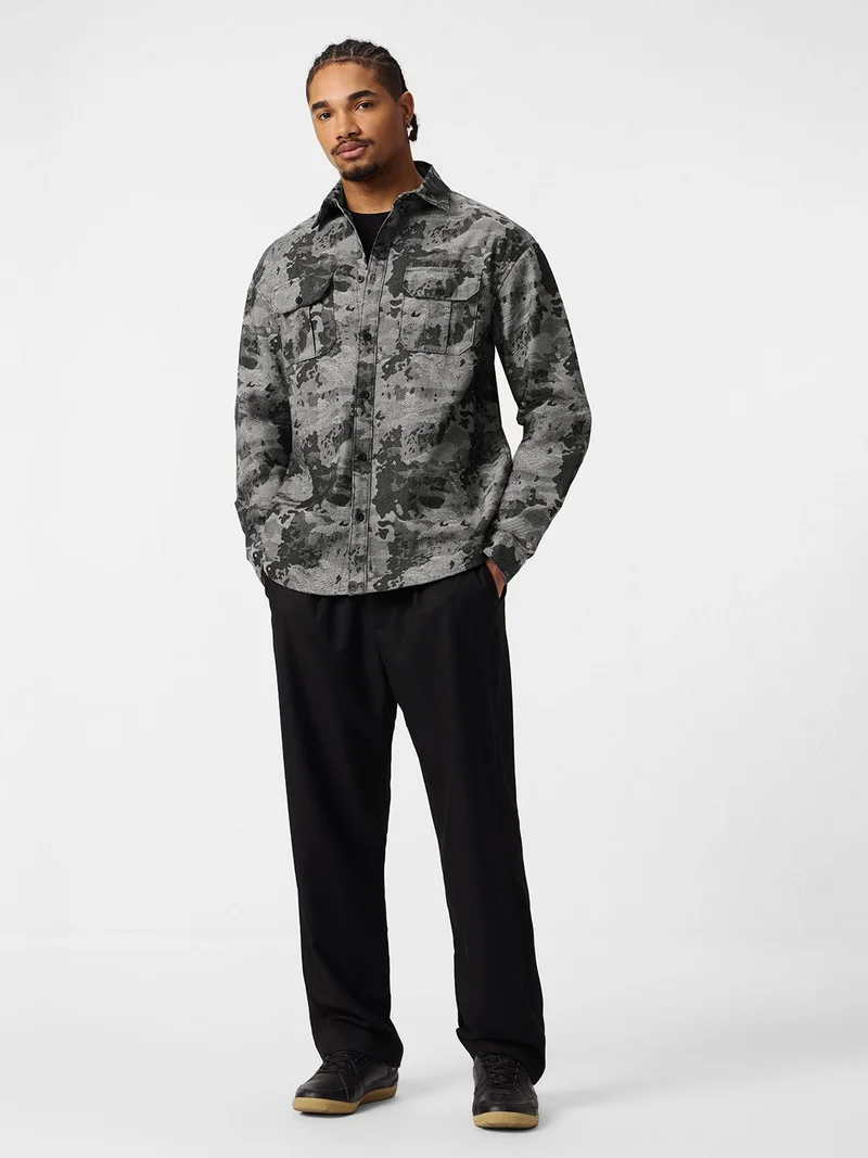 The Souled Store  The Souled Store: Dark Mirage Men and Boys Long Sleeve Spread Collar Grey Abstract Print Cotton Blend Relaxed Fit Shirt  | Best Price UAE