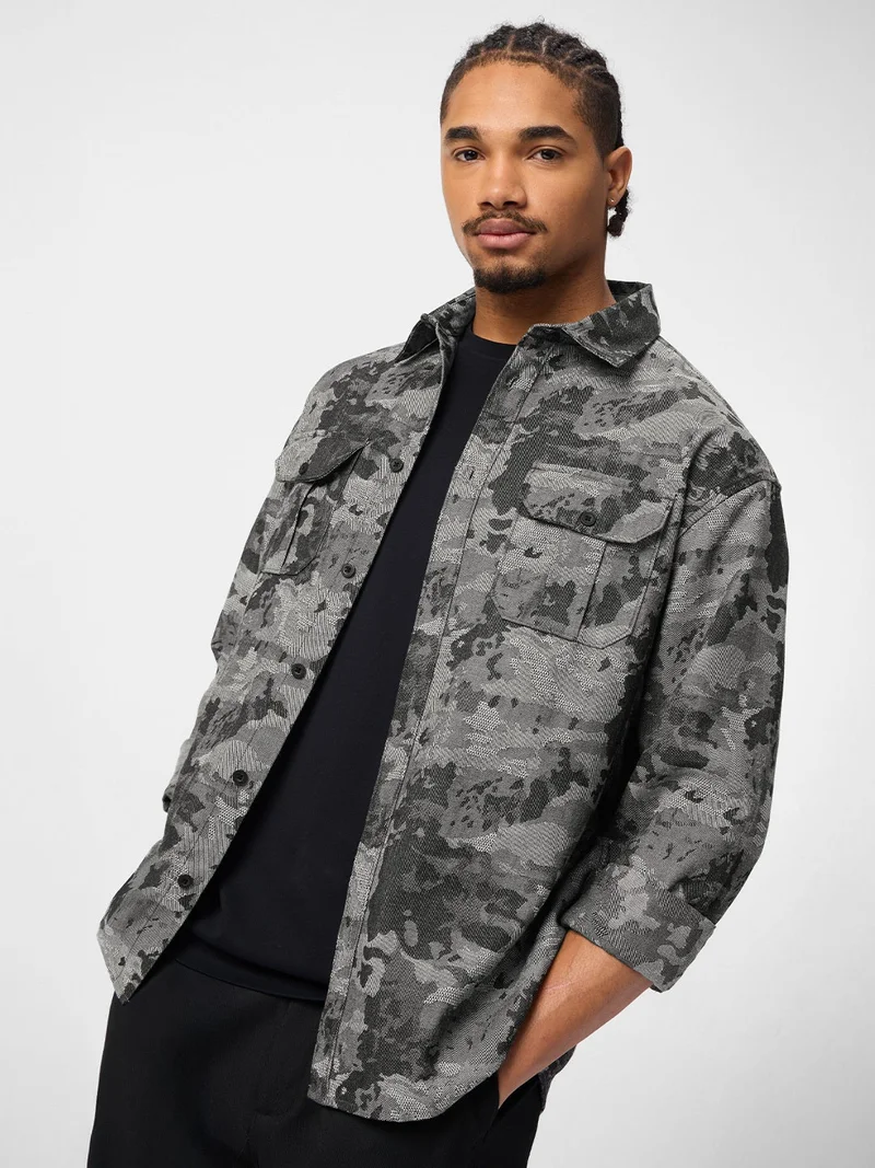 The Souled Store The Souled Store: Dark Mirage Men and Boys Long Sleeve Spread Collar Grey Abstract Print Cotton Blend Relaxed Fit Shirt