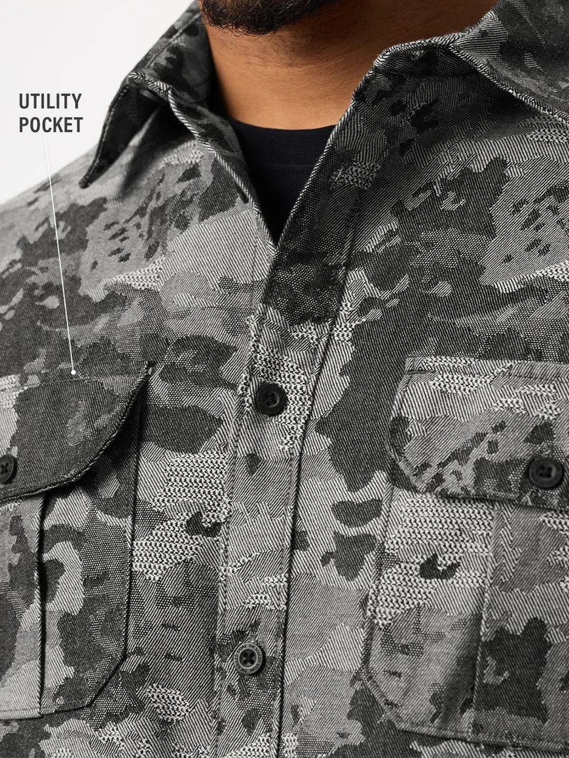 The Souled Store  The Souled Store: Dark Mirage Men and Boys Long Sleeve Spread Collar Grey Abstract Print Cotton Blend Relaxed Fit Shirt  | Best Price UAE