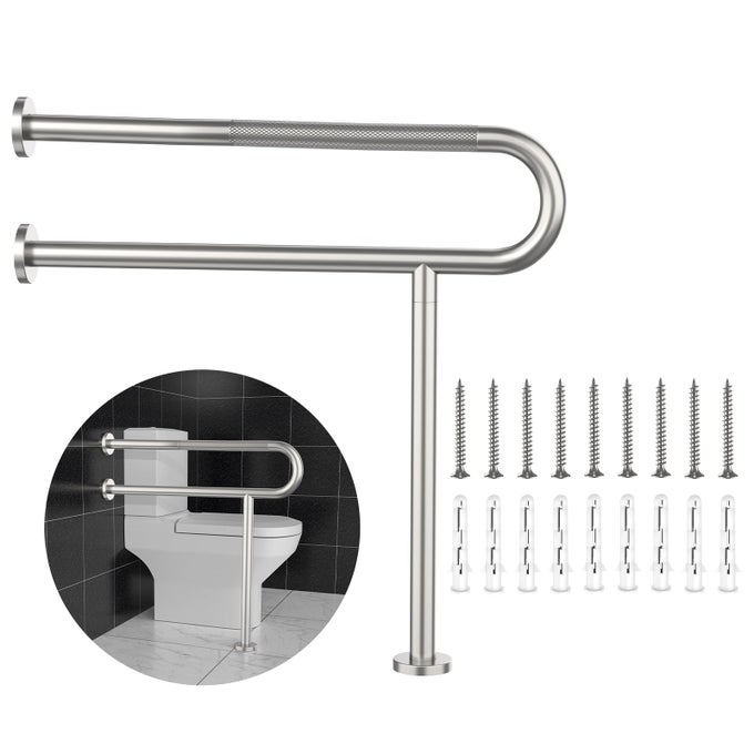 TOILET GRAB BAR 313 INCH WALL TO FLOOR BRUSHED NICKEL BATHROOM SAFETY BAR WANTISLIP KNURLED GRIP STAINLESS STEEL HANDICAP GRAB BAR WITH LEGSUPPORT BAR FOR DISABLED ELDERLY PREGNANT