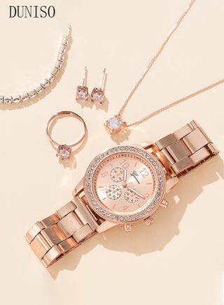 Women Watch Sets, 5 Pcs Luxury Fashion Women Watch Set Alloy Strap Ladies Quartz Wristwatch Rhinestone Alloy Bracelet (Rose Gold) - view 3