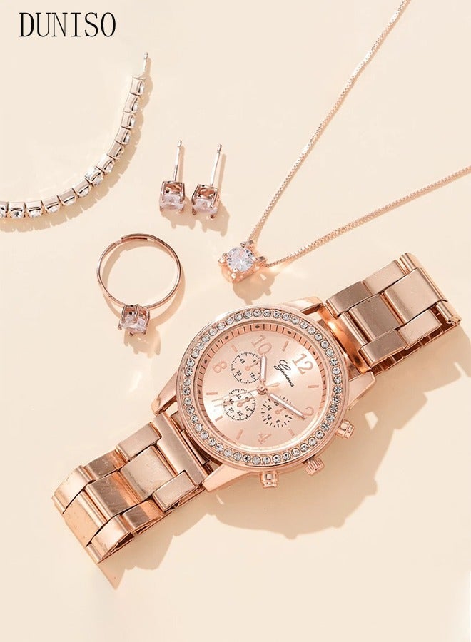 DUNISO Women Watch Sets, 5 Pcs Luxury Fashion Women Watch Set Alloy Strap Ladies Quartz Wristwatch Rhinestone Alloy Bracelet (Rose Gold) - Image 3
