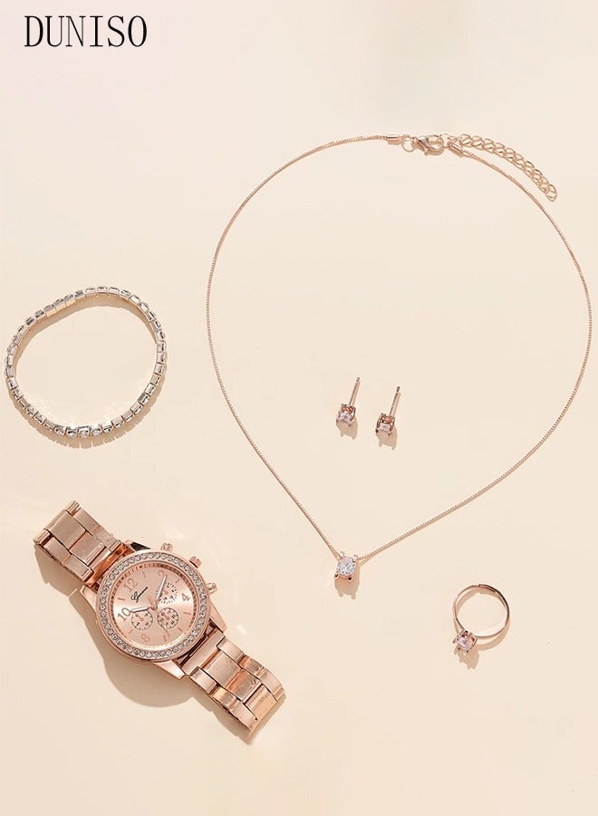 DUNISO Women Watch Sets, 5 Pcs Luxury Fashion Women Watch Set Alloy Strap Ladies Quartz Wristwatch Rhinestone Alloy Bracelet (Rose Gold) - Image 2