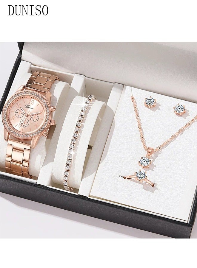 DUNISO Women Watch Sets, 5 Pcs Luxury Fashion Women Watch Set Alloy Strap Ladies Quartz Wristwatch Rhinestone Alloy Bracelet (Rose Gold) - Image 1