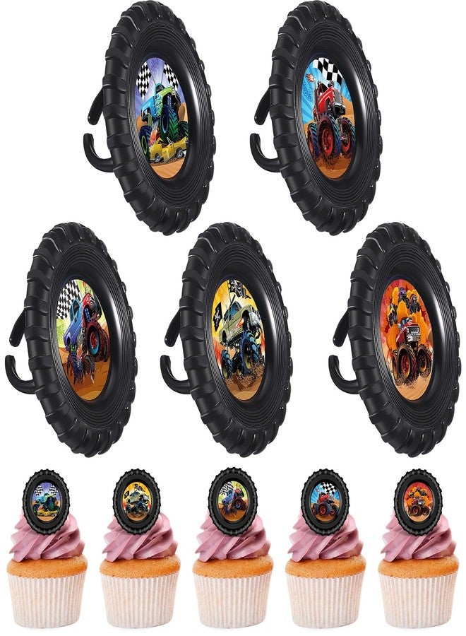 Containlol 50 Pcs Truck Cupcake Rings Monster Truck Cupcake Toppers Rings Plastic Colorful Cars Birthday Cake Decoration for Race Car Party Supplies, 5 Styles(Classic) - Image 1