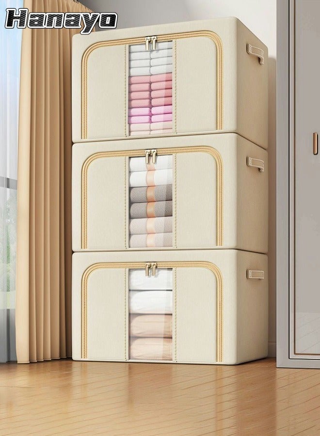 Hanayo 3 Pack Clothes Storage Bins Box Foldable Closet Organizers with Sturdy Zipper Clear Window Storage Containers for Comforters Blankets BeddingToys Books(Beige) - Image 1