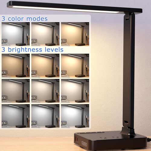 cozoo Desk Lamps for Home Office,Modern LED Desk Lamp for Dorm with 2 USB Charging Ports/Type C Port,2 AC Outlets,3 Lighting Mode,3 Level Brightness,Touch Control/Timer/Eye-Caring Foldable Table Lamp - Image 2