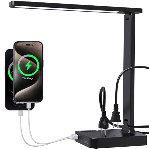 cozoo Desk Lamps for Home Office,Modern LED Desk Lamp for Dorm with 2 USB Charging Ports/Type C Port,2 AC Outlets,3 Lighting Mode,3 Level Brightness,Touch Control/Timer/Eye-Caring Foldable Table Lamp - Image 1