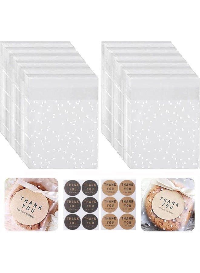 DUNISO 200pcs Self Adhesive Biscuit Bags, Cellophane Snack Bags White Polka Dot Seal Packaging Bags OPP Plastic Pastry Bags for Baking Candy Biscuits Chocolate, 5.5cm x 5.5cm - Image 1