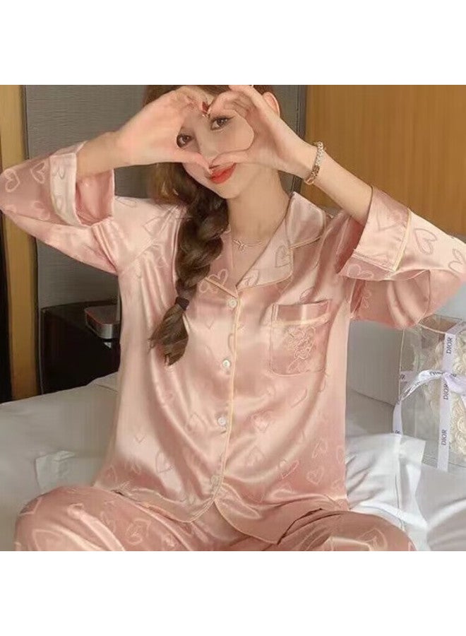 Kj Ice Silk Women's Spring And Autumn Satin Pajamas Set, High-end Faux Silk Loungewear Gift Box For Girlfriend Birthday Present - Image 1