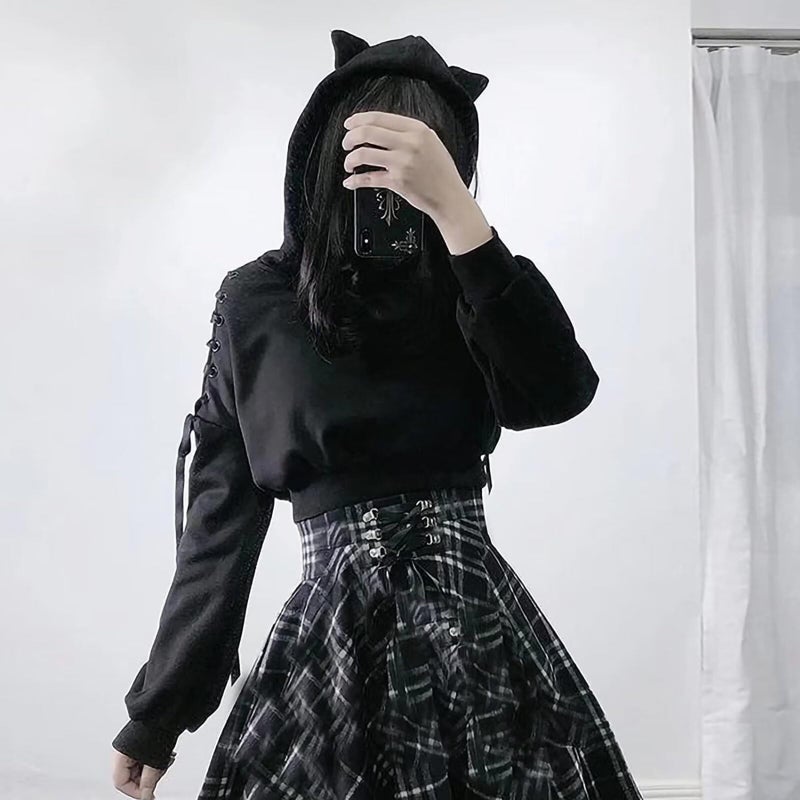 Dolpind Womens Cat Ear Hoodie Sweatshirt Long Sleeve Sweater Off Shoulder Cat Cute Crop Top Hoodies Pullover - Image 2