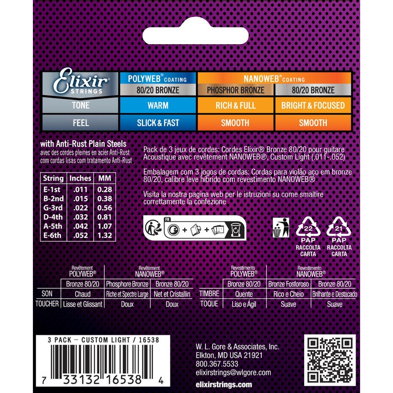 Elixir Strings, Acoustic Guitar Strings, 80/20 Bronze with NANOWEB Coating, Longest-Lasting Bright and Focused Tone with Comfortable Feel, 6 String Set, 3 Pack, Custom Light 11-52 - Image 2