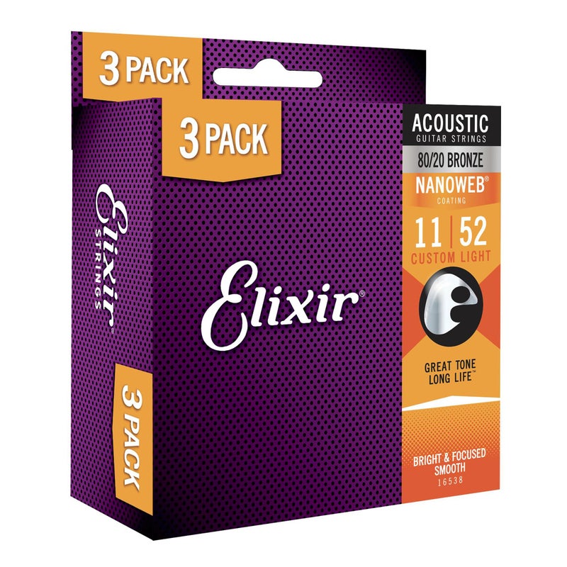 Elixir Strings, Acoustic Guitar Strings, 80/20 Bronze with NANOWEB Coating, Longest-Lasting Bright and Focused Tone with Comfortable Feel, 6 String Set, 3 Pack, Custom Light 11-52 - Image 1