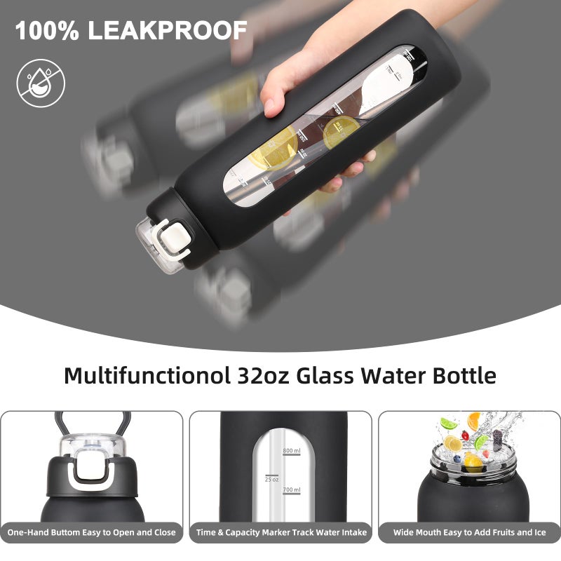 chunmo 32 oz Glass Water Bottles with 2 Lids-Handle Spout Lid & Straw Lid, 1 Liter Motivational Borosilicate Water Bottle with Time Marker and Silicone Sleeve,Leakproof-Black-1 Pack - Image 3