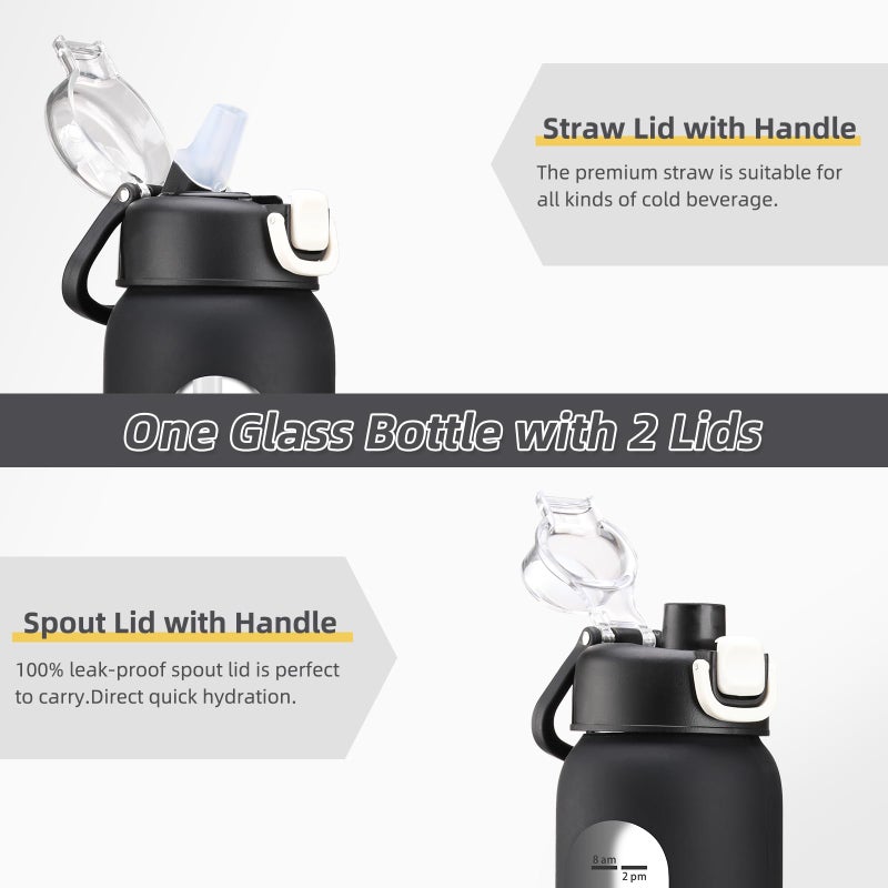 chunmo 32 oz Glass Water Bottles with 2 Lids-Handle Spout Lid & Straw Lid, 1 Liter Motivational Borosilicate Water Bottle with Time Marker and Silicone Sleeve,Leakproof-Black-1 Pack - Image 2