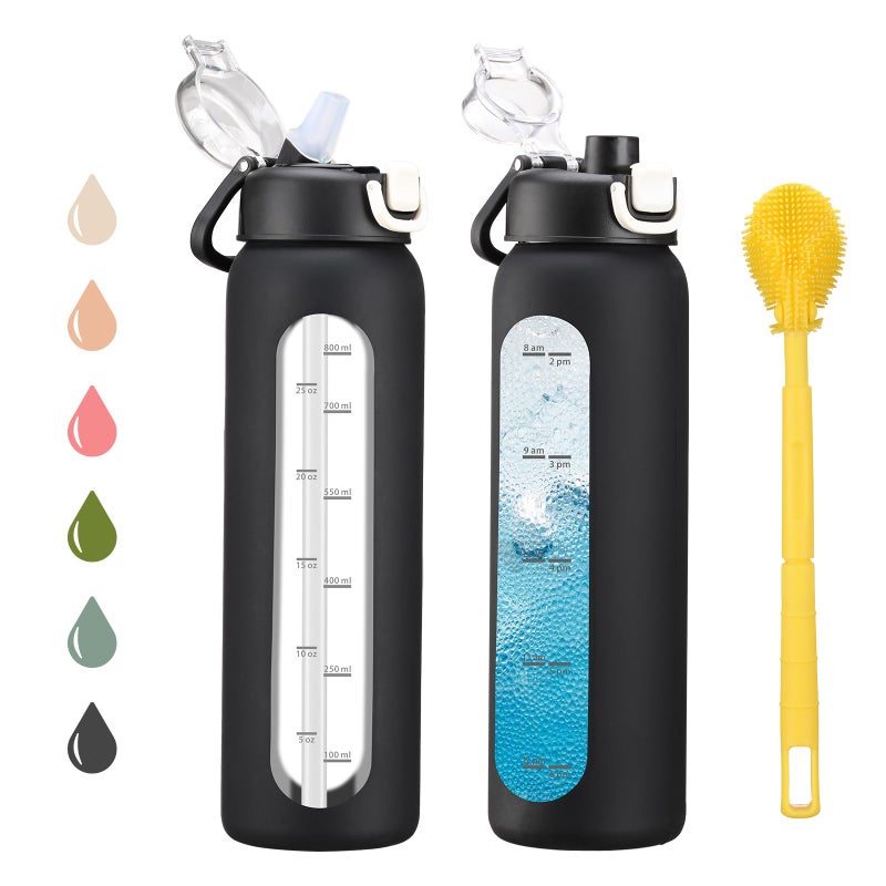 chunmo 32 oz Glass Water Bottles with 2 Lids-Handle Spout Lid & Straw Lid, 1 Liter Motivational Borosilicate Water Bottle with Time Marker and Silicone Sleeve,Leakproof-Black-1 Pack - Image 1