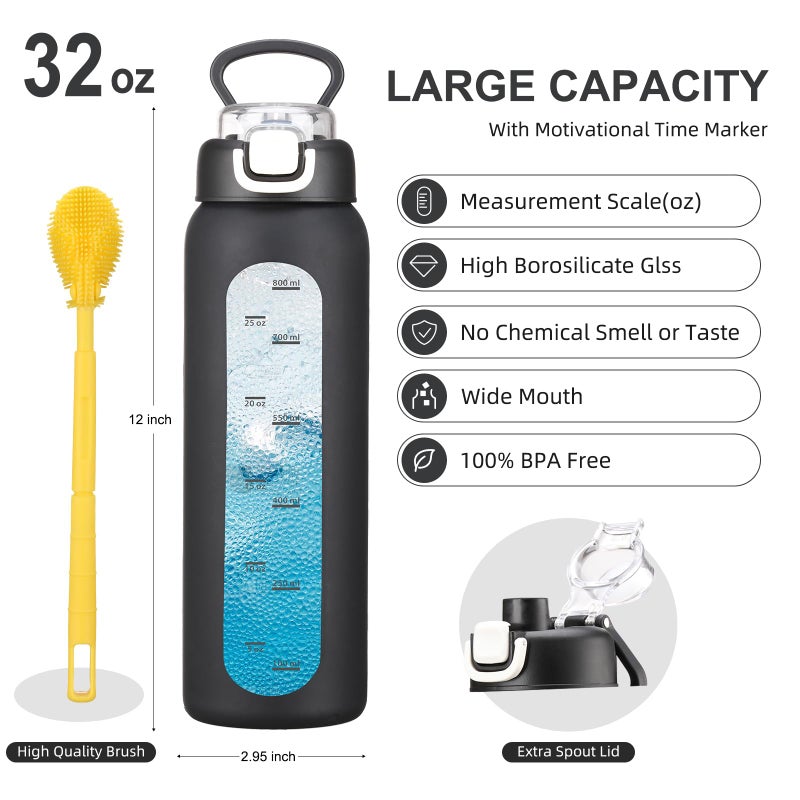 chunmo 32 oz Glass Water Bottles with 2 Lids-Handle Spout Lid & Straw Lid, 1 Liter Motivational Borosilicate Water Bottle with Time Marker and Silicone Sleeve,Leakproof-Black-1 Pack - Image 4