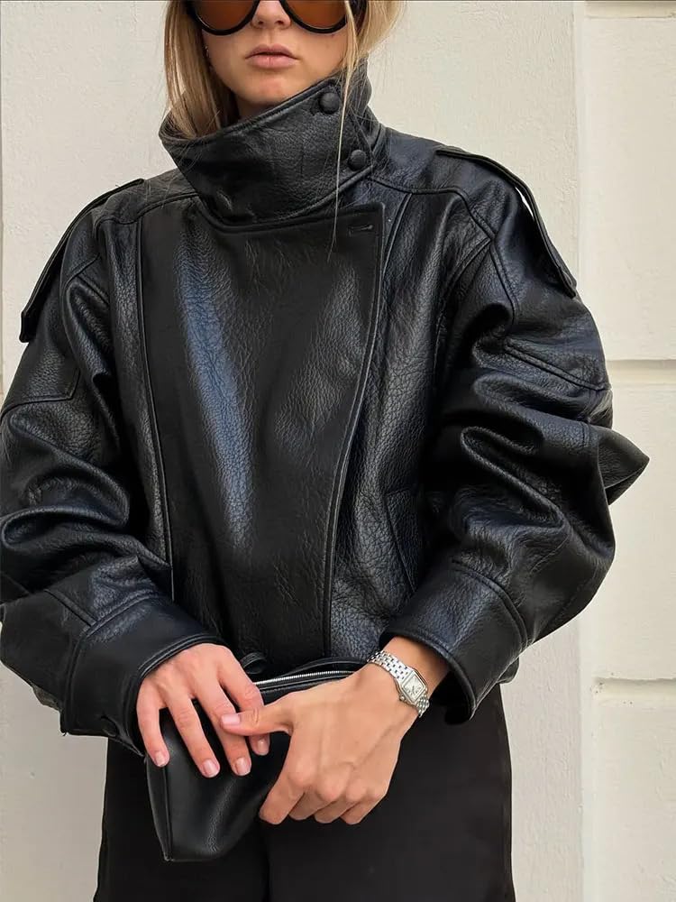 Molilove Women's Leather Jacket Casual Fall Zip Up Jacket Racer Varsity Jackets Biker Motor Coat Outwear - Image 3