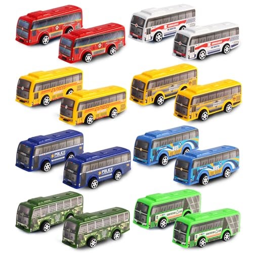 HSMQ 16 Pcs Pull Back City Bus Vehicles Toys Set Mini Pull Back Cars for Kids Toddlers Friction Powered Racing Vehicles Bulk Toys Party Favors Goodie Bags Stuffers Pinata Fillers for Boys Girls - Image 1