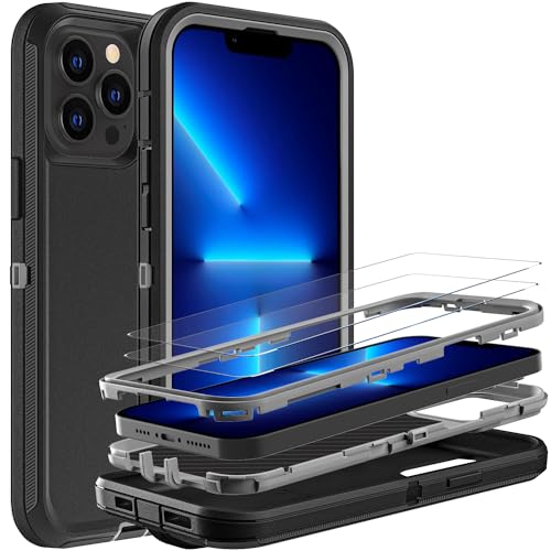 YKHJKLEC for iPhone 13 Pro Case Military Grade 3 in 1 Heavy Duty ShockproofDrop ProofDust Proof Case with 2Pcs Tempered Glass Screen Protector BlackGrey - Image 1