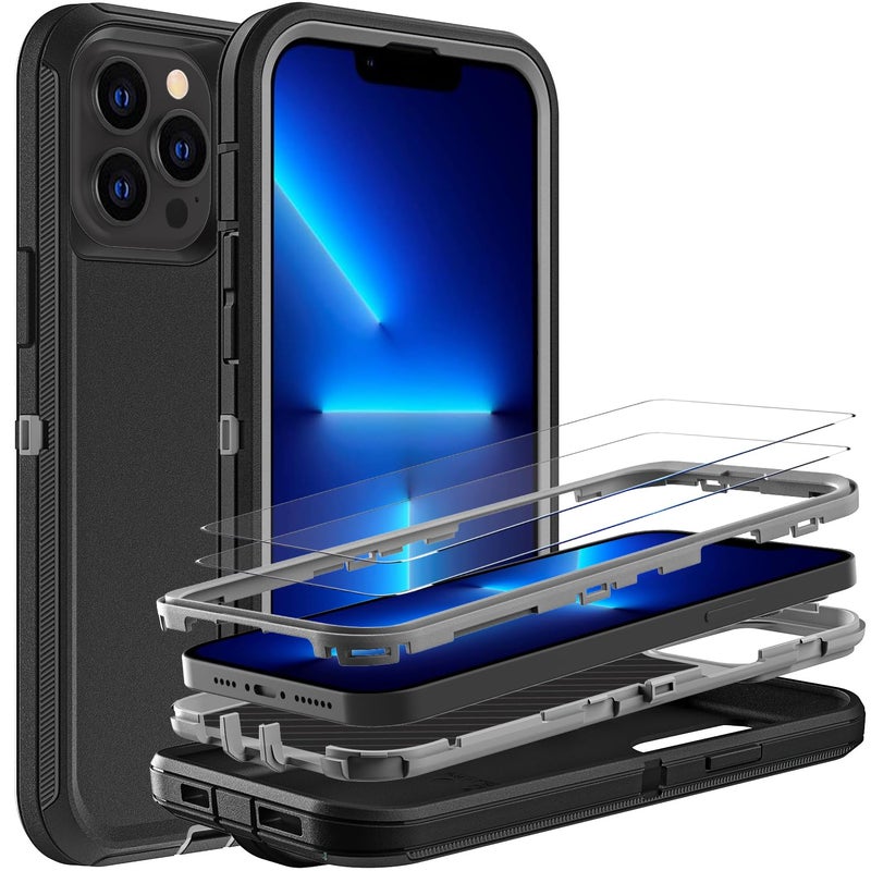 YKHJKLEC for iPhone 13 Pro Case Military Grade 3 in 1 Heavy Duty ShockproofDrop ProofDust Proof Case with 2Pcs Tempered Glass Screen Protector BlackGrey - Image 3